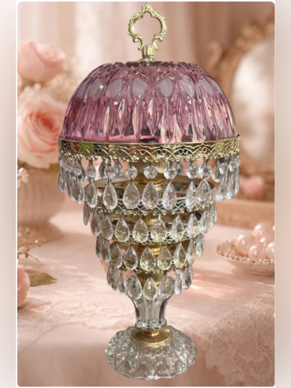 Michelotti Vintage French Boudoir Victorian Parlor Lamp Tiered Crystal Pink Gold